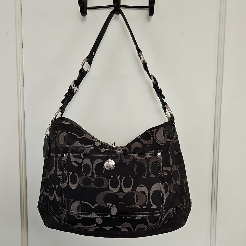 Coach Chealsea Optic Signature Jacquard Shoulder Hand Bag In Black/ Gray